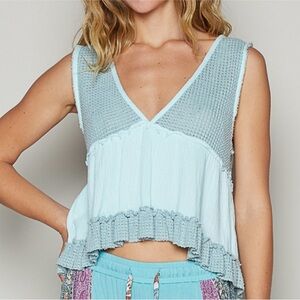 New: POL V-Neck Mini Babydoll Fit Ruffle Detail Double Gauze Tank Top• Medium